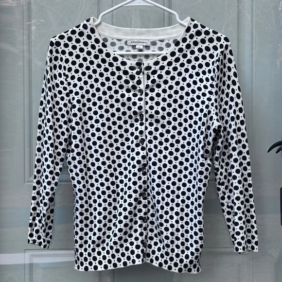 Polka Dot Cardigan Sweater, white & black, 3/4 sleeves, size M - Picture 1 of 5